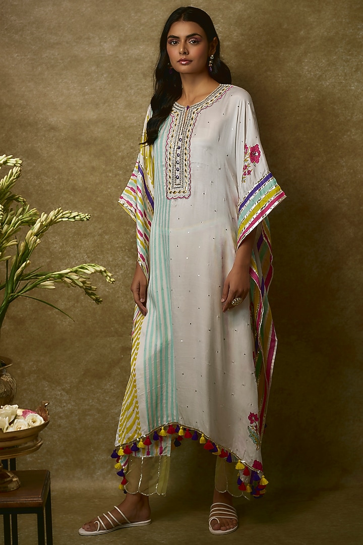 Ivory Silk Satin & Swiss Cotton Kurta Set by Maayera Jaipur at Pernia's Pop Up Shop