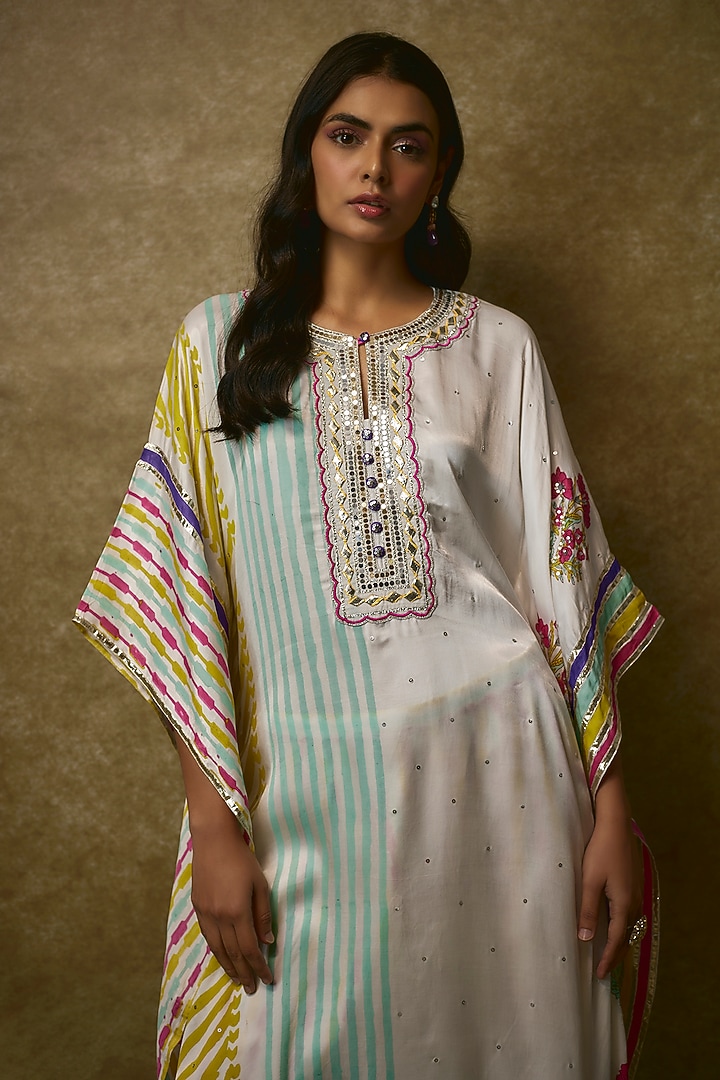 Ivory Silk Satin & Swiss Cotton Kurta Set by Maayera Jaipur at Pernia's Pop Up Shop