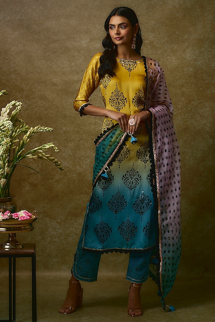 Yellow & Blue Silk Satin Kurta Set by Maayera Jaipur