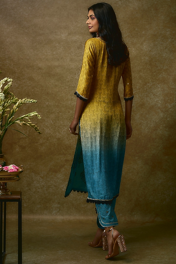 Yellow & Blue Silk Satin Kurta Set by Maayera Jaipur at Pernia's Pop Up Shop
