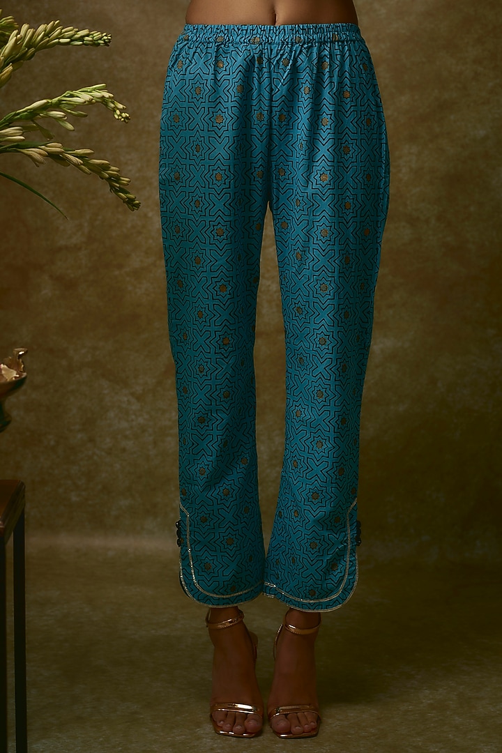 Yellow & Blue Silk Satin Kurta Set by Maayera Jaipur at Pernia's Pop Up Shop