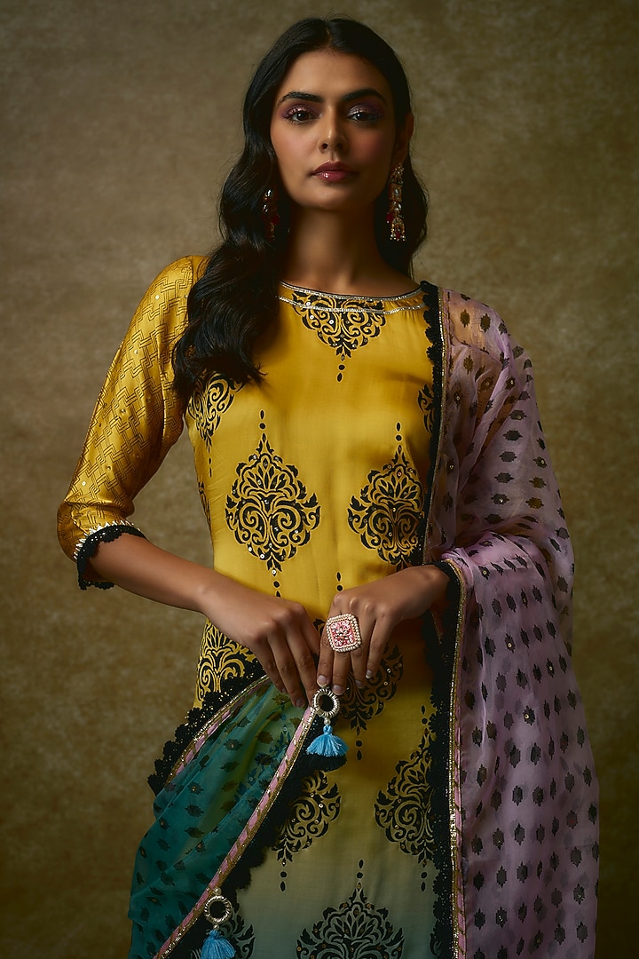 Yellow & Blue Silk Satin Kurta Set by Maayera Jaipur at Pernia's Pop Up Shop