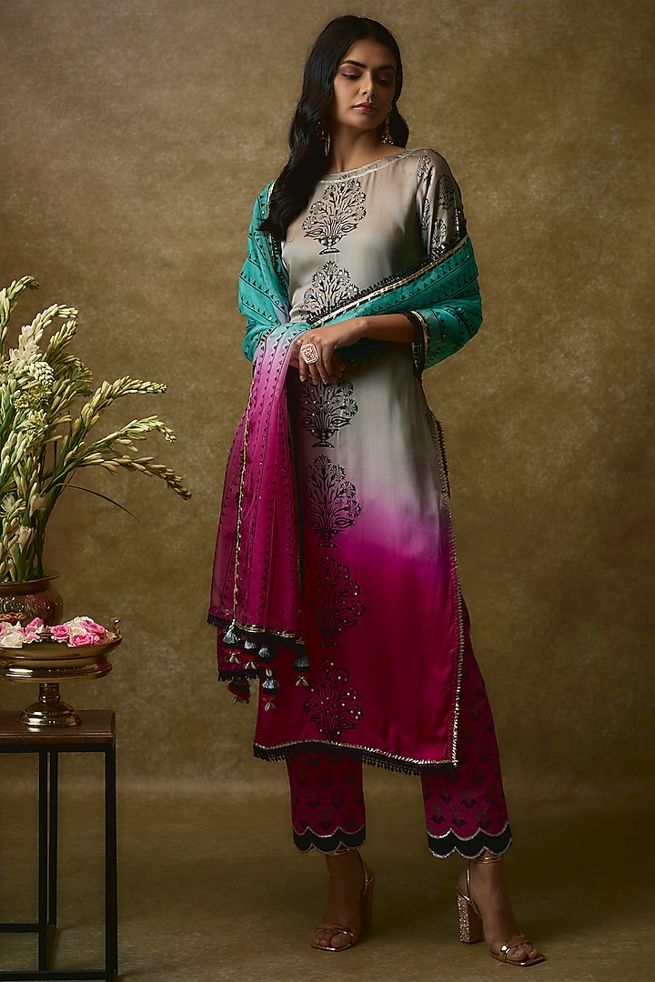 Lilac & Pink Silk Satin Kurta Set by Maayera Jaipur
