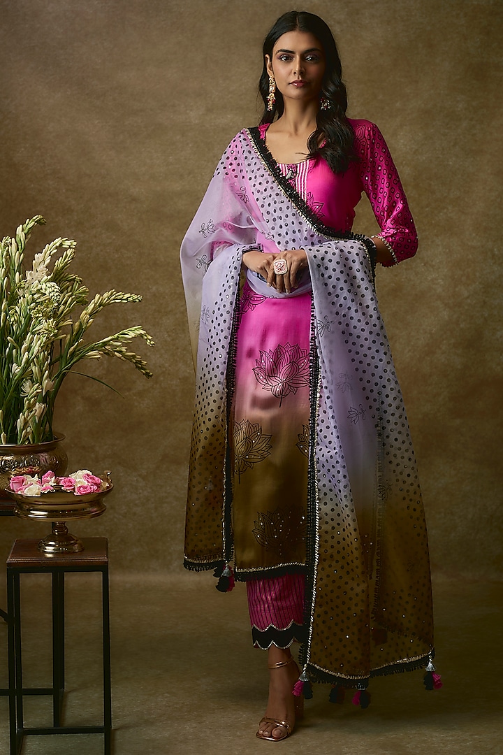 Pink & Yellow Silk Satin Kurta Set by Maayera Jaipur