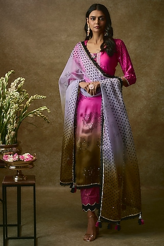 Pink & Yellow Silk Satin Kurta Set by Maayera Jaipur