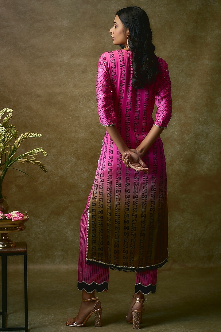 Pink & Yellow Silk Satin Kurta Set by Maayera Jaipur at Pernia's Pop Up Shop