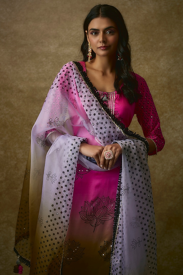 Pink & Yellow Silk Satin Kurta Set by Maayera Jaipur at Pernia's Pop Up Shop