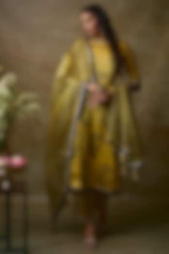Yellow Silk Satin & Swiss Cotton Kurta Set by Maayera Jaipur