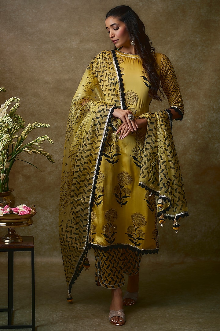 Yellow Silk Satin & Swiss Cotton Kurta Set by Maayera Jaipur