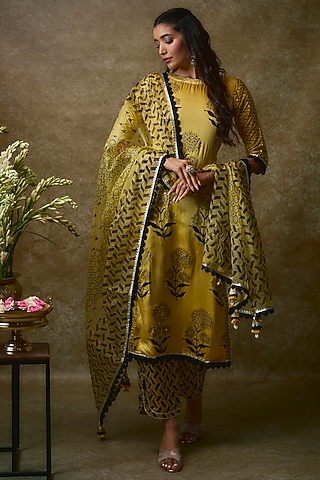 Yellow Silk Satin & Swiss Cotton Kurta Set by Maayera Jaipur