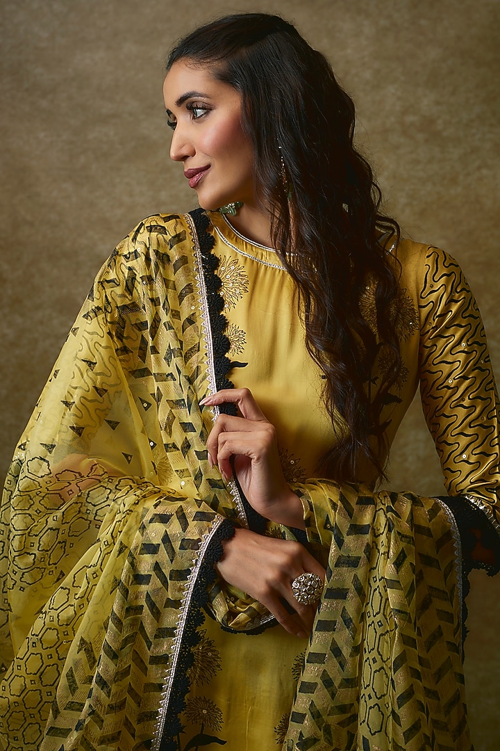 Yellow Silk Satin & Swiss Cotton Kurta Set by Maayera Jaipur at Pernia's Pop Up Shop