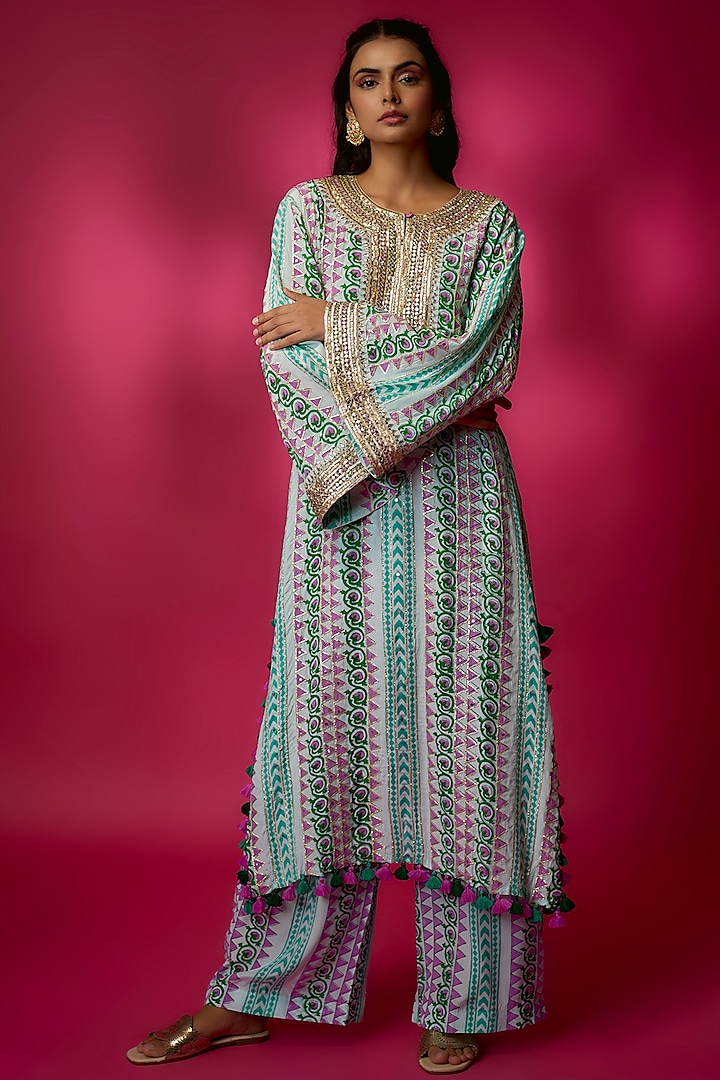 Multi-Colored Silk Crepe Kurta Set by Maayera Jaipur