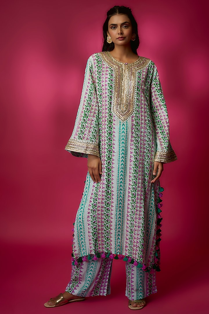Multi-Colored Silk Crepe Kurta Set by Maayera Jaipur at Pernia's Pop Up Shop