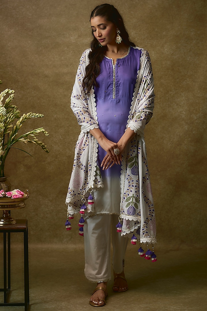 Purple Mul Satin & Swiss Cotton Kurta Set by Maayera Jaipur at Pernia's Pop Up Shop