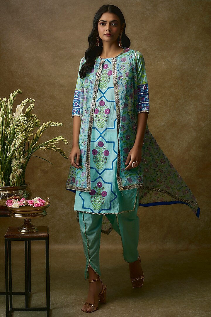Blue Silk Organza & Swiss Cotton Kurta Set by Maayera Jaipur
