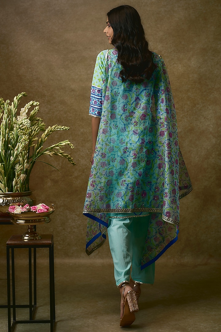 Blue Silk Organza & Swiss Cotton Kurta Set by Maayera Jaipur at Pernia's Pop Up Shop