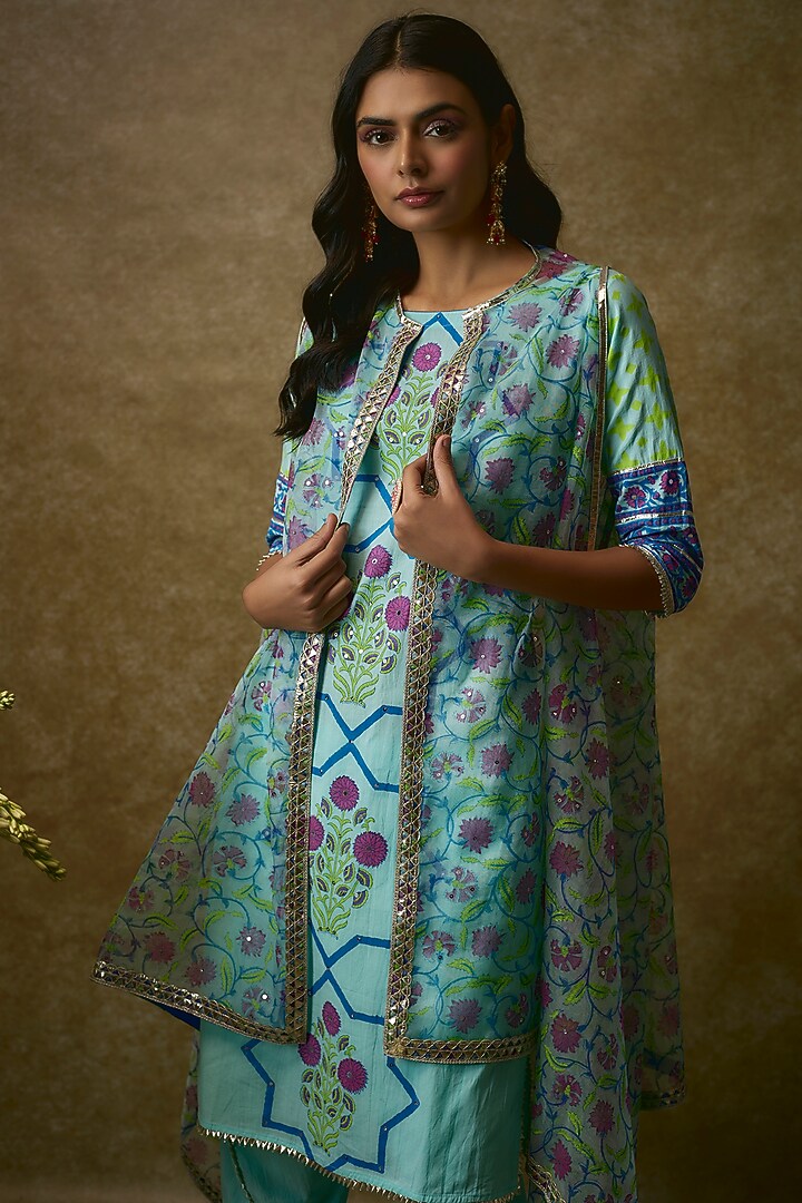Blue Silk Organza & Swiss Cotton Kurta Set by Maayera Jaipur at Pernia's Pop Up Shop