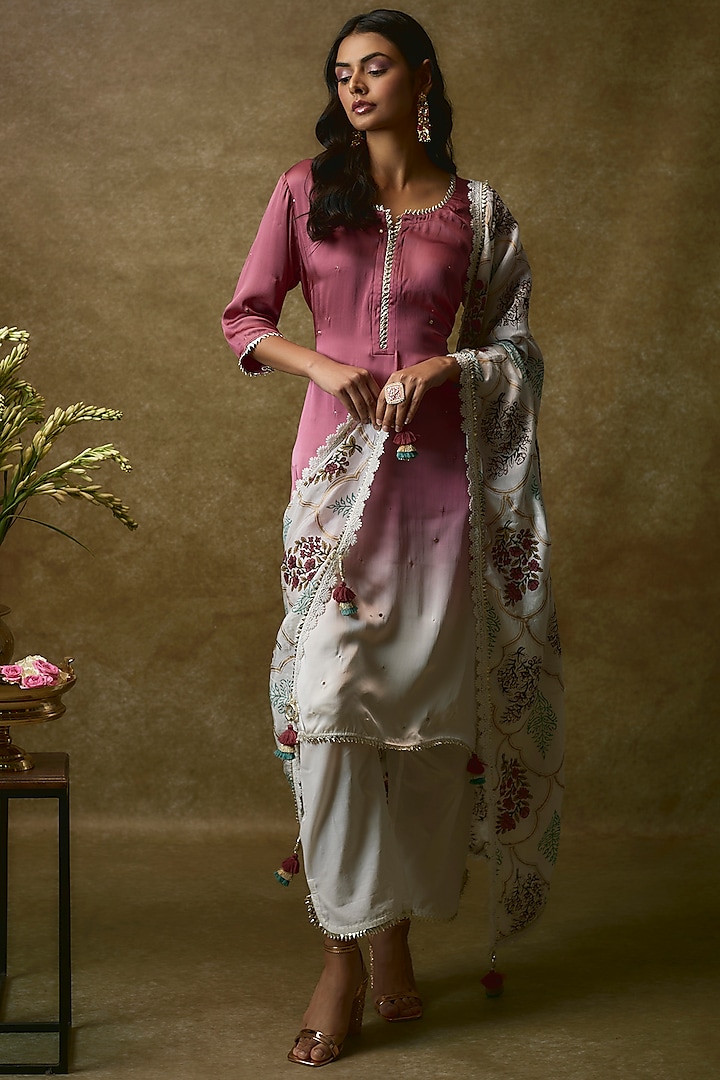 Pink Shaded Mul Satin & Swiss Cotton Kurta Set by Maayera Jaipur at Pernia's Pop Up Shop