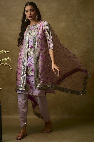 Mauve Swiss Cotton & Silk Organza Kurta Set by Maayera Jaipur