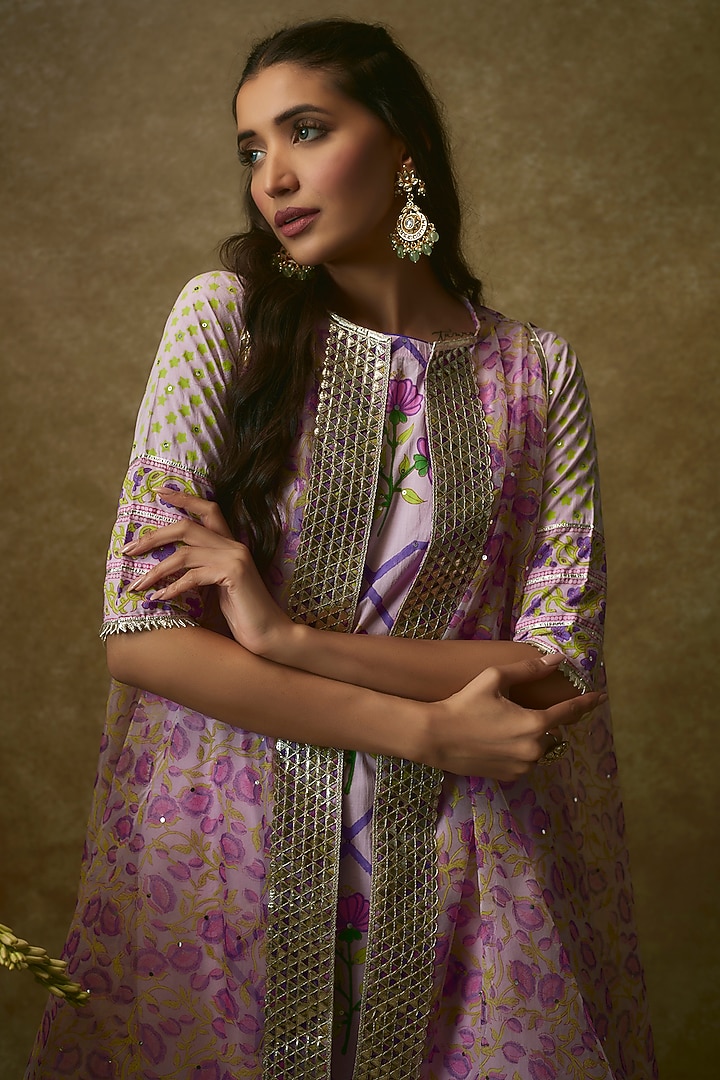Mauve Swiss Cotton & Silk Organza Kurta Set by Maayera Jaipur at Pernia's Pop Up Shop