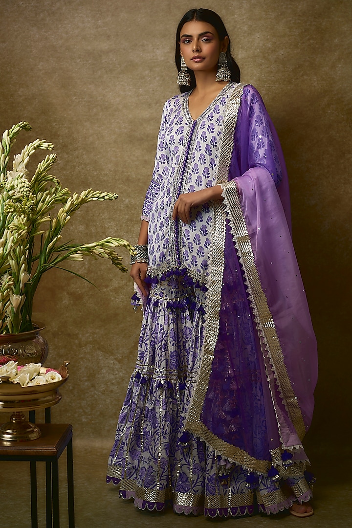 Ivory & Blue Silk Satin Kurta Set by Maayera Jaipur
