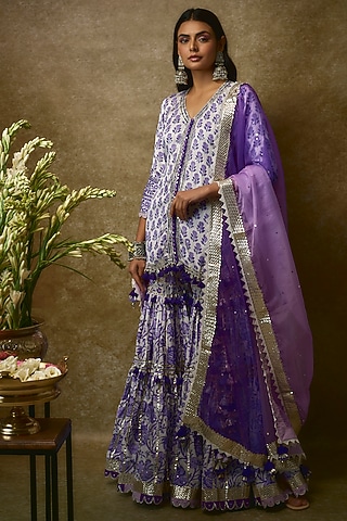Ivory & Blue Silk Satin Kurta Set by Maayera Jaipur