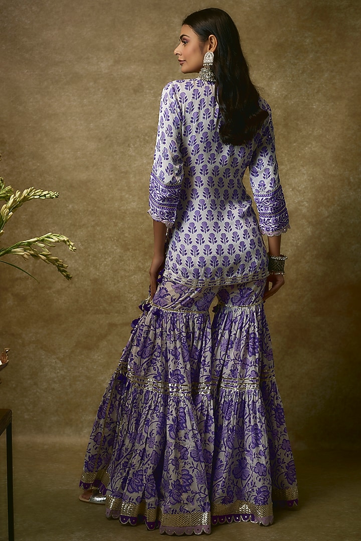 Ivory & Blue Silk Satin Kurta Set by Maayera Jaipur at Pernia's Pop Up Shop
