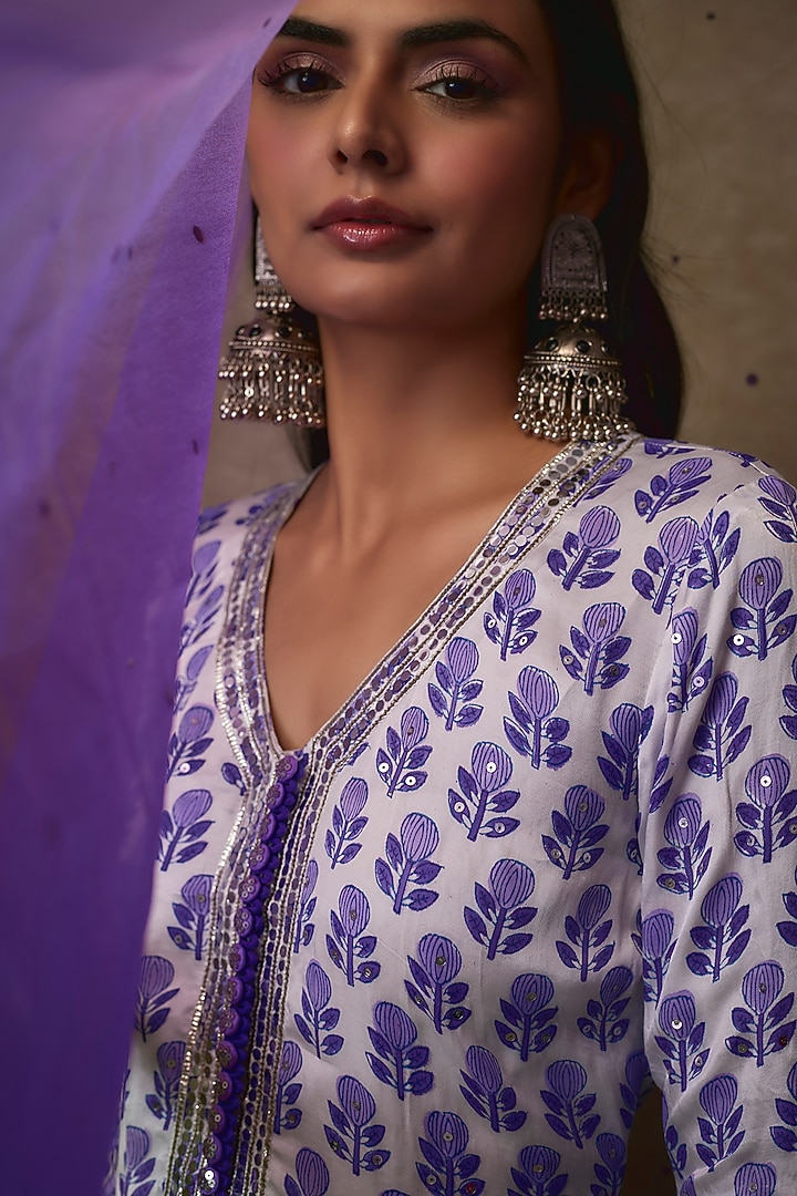 Ivory & Blue Silk Satin Kurta Set by Maayera Jaipur at Pernia's Pop Up Shop