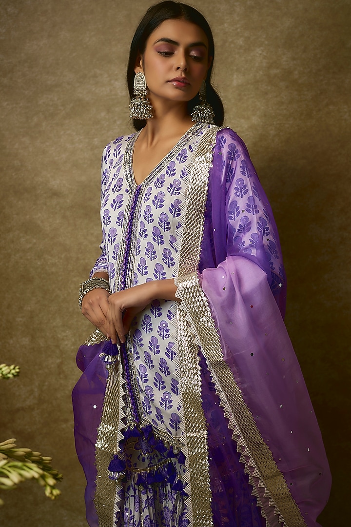 Ivory & Blue Silk Satin Kurta Set by Maayera Jaipur at Pernia's Pop Up Shop