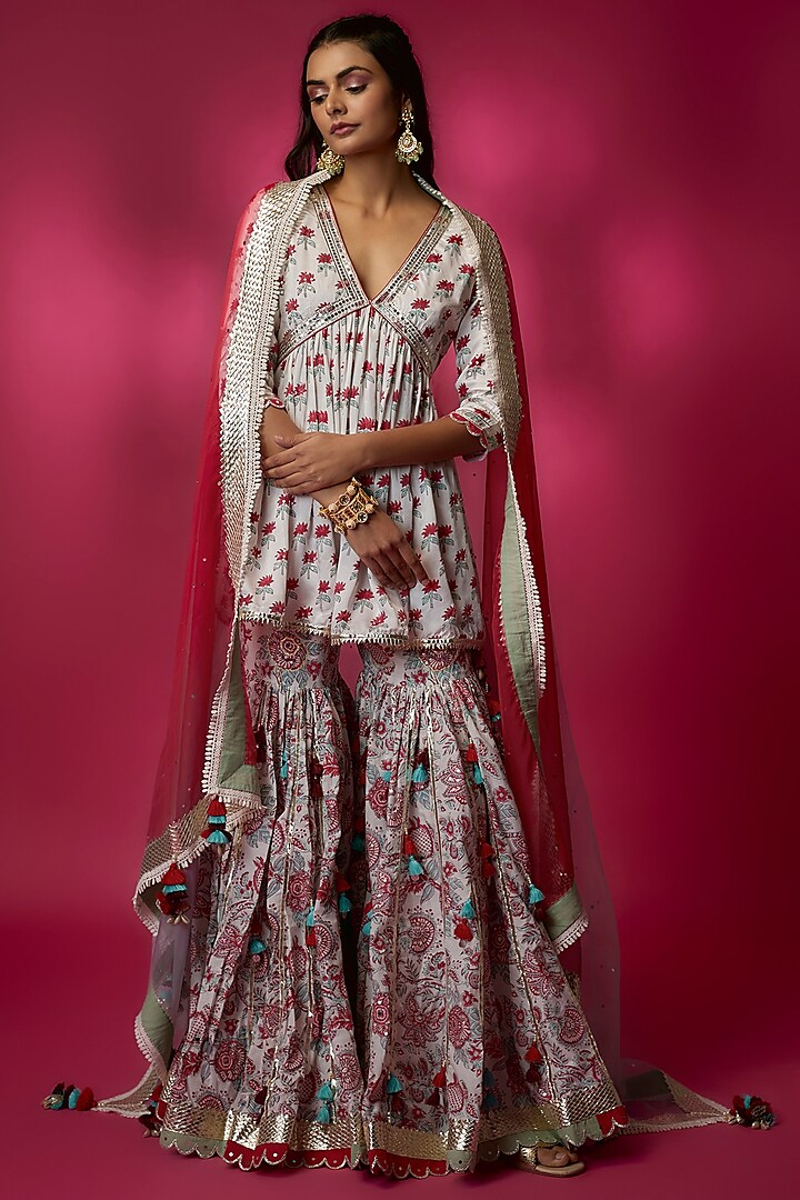 White & Red Mul Satin & Swiss Cotton Sharara Set by Maayera Jaipur