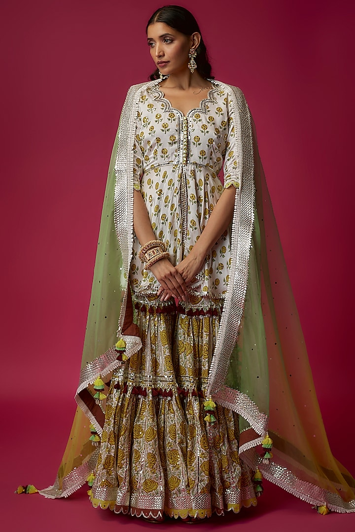 White & Yellow Mul Satin & Swiss Cotton Sharara Set by Maayera Jaipur