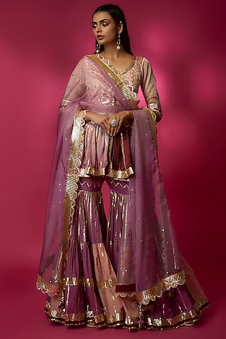 Champagne Silk Satin & Swiss Cotton Gharara Set by Maayera Jaipur
