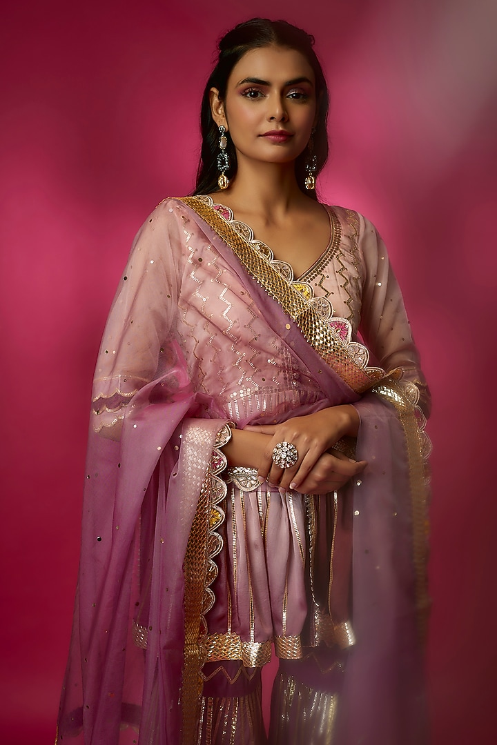 Champagne Silk Satin & Swiss Cotton Gharara Set by Maayera Jaipur at Pernia's Pop Up Shop
