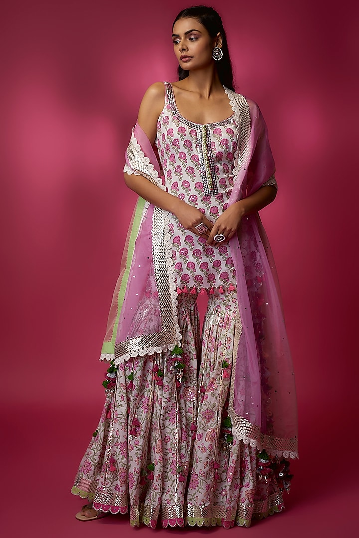 White & Pink Mul Satin & Swiss Cotton Sharara Set by Maayera Jaipur