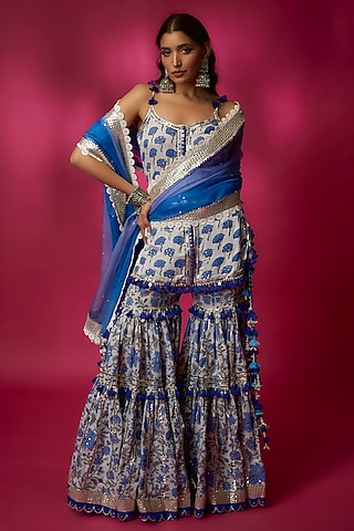 Ivory & Blue Silk Satin Gharara Set by Maayera Jaipur