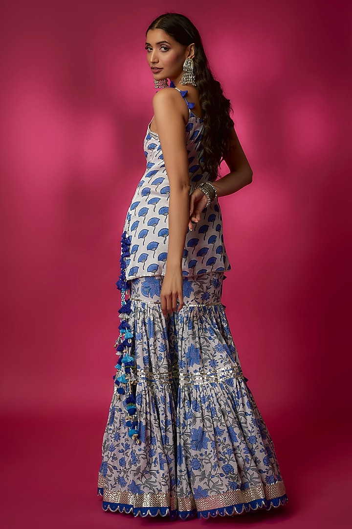 Ivory & Blue Silk Satin Gharara Set by Maayera Jaipur at Pernia's Pop Up Shop