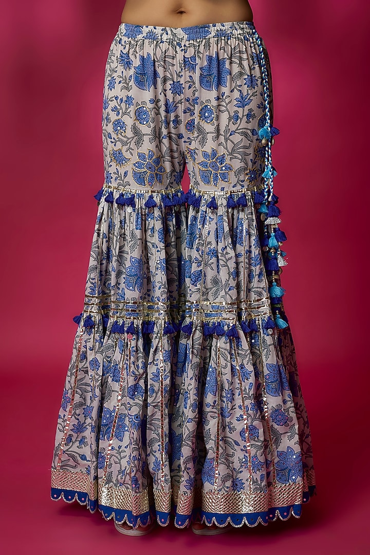 Ivory & Blue Silk Satin Gharara Set by Maayera Jaipur at Pernia's Pop Up Shop
