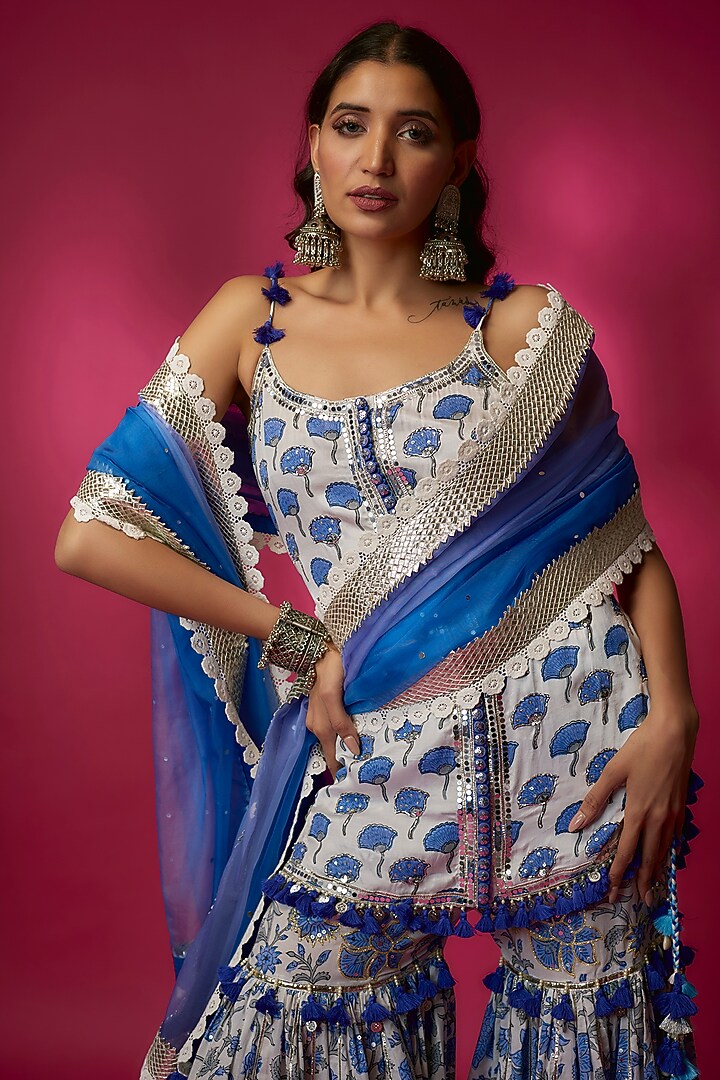 Ivory & Blue Silk Satin Gharara Set by Maayera Jaipur at Pernia's Pop Up Shop