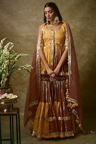 Mustard Silk Satin & Swiss Cotton Gharara Set by Maayera Jaipur