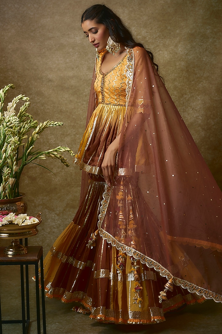 Mustard Silk Satin & Swiss Cotton Gharara Set by Maayera Jaipur at Pernia's Pop Up Shop