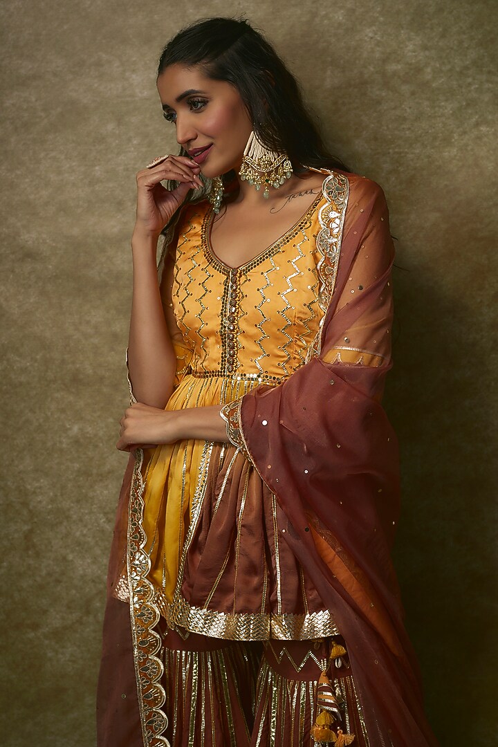 Mustard Silk Satin & Swiss Cotton Gharara Set by Maayera Jaipur at Pernia's Pop Up Shop