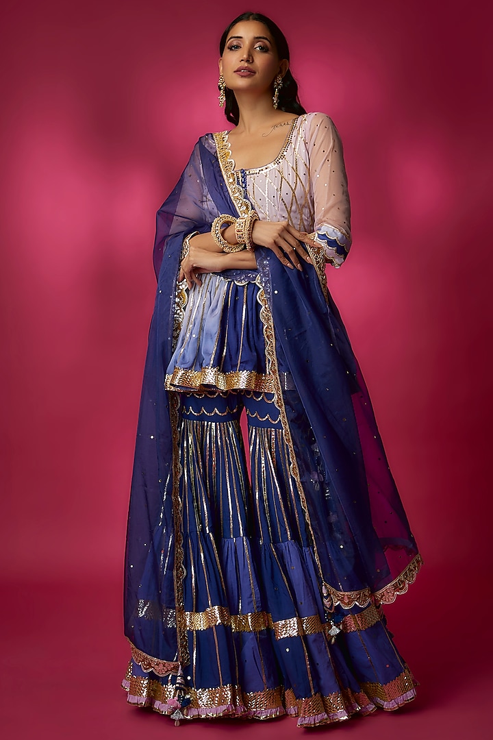 Blue Silk Satin & Swiss Cotton Sharara Set by Maayera Jaipur