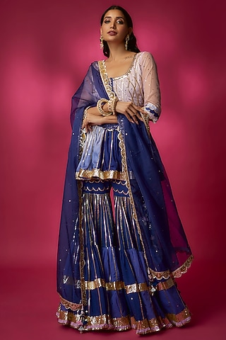 Blue Silk Satin & Swiss Cotton Sharara Set by Maayera Jaipur