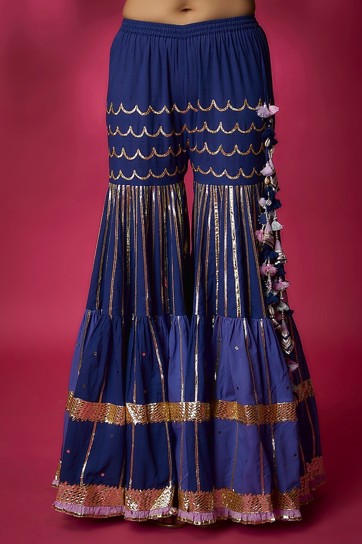 Blue Silk Satin & Swiss Cotton Party Wear Sharara Set by Maayera Jaipur at Pernia's Pop Up Shop