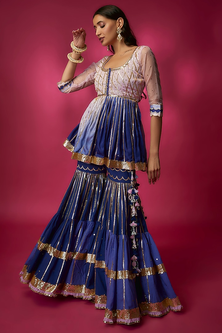 Blue Silk Satin & Swiss Cotton Party Wear Sharara Set by Maayera Jaipur at Pernia's Pop Up Shop
