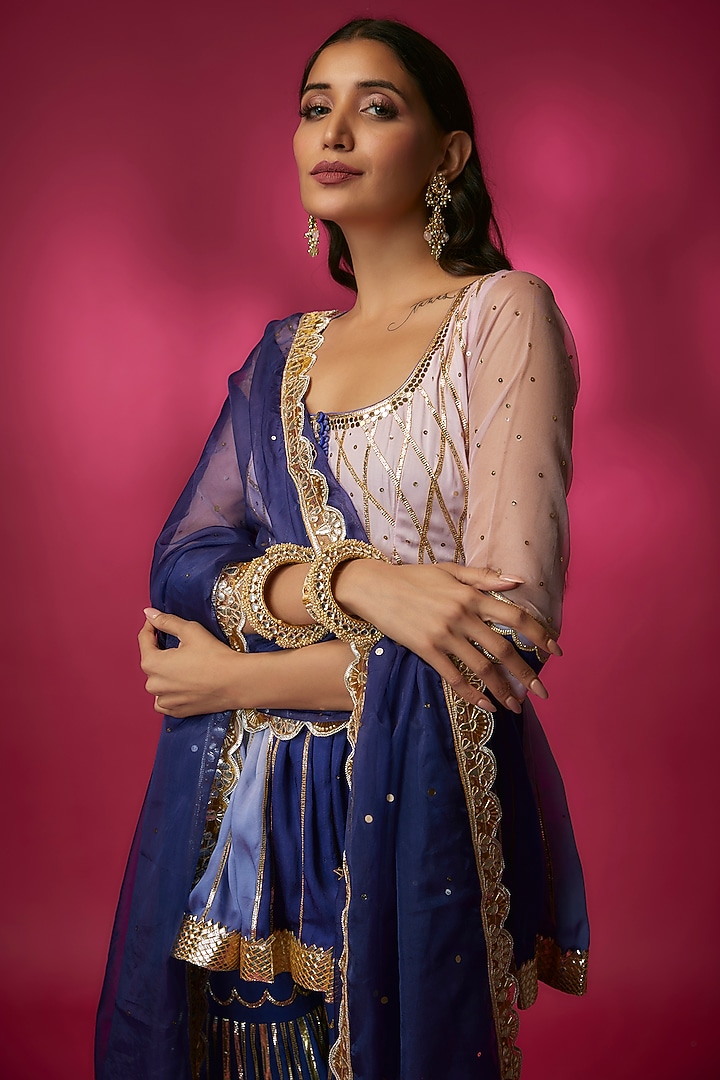Blue Silk Satin & Swiss Cotton Party Wear Sharara Set by Maayera Jaipur at Pernia's Pop Up Shop