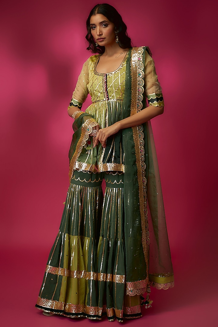 Green Shaded Mul Satin & Swiss Cotton Sharara Set by Maayera Jaipur