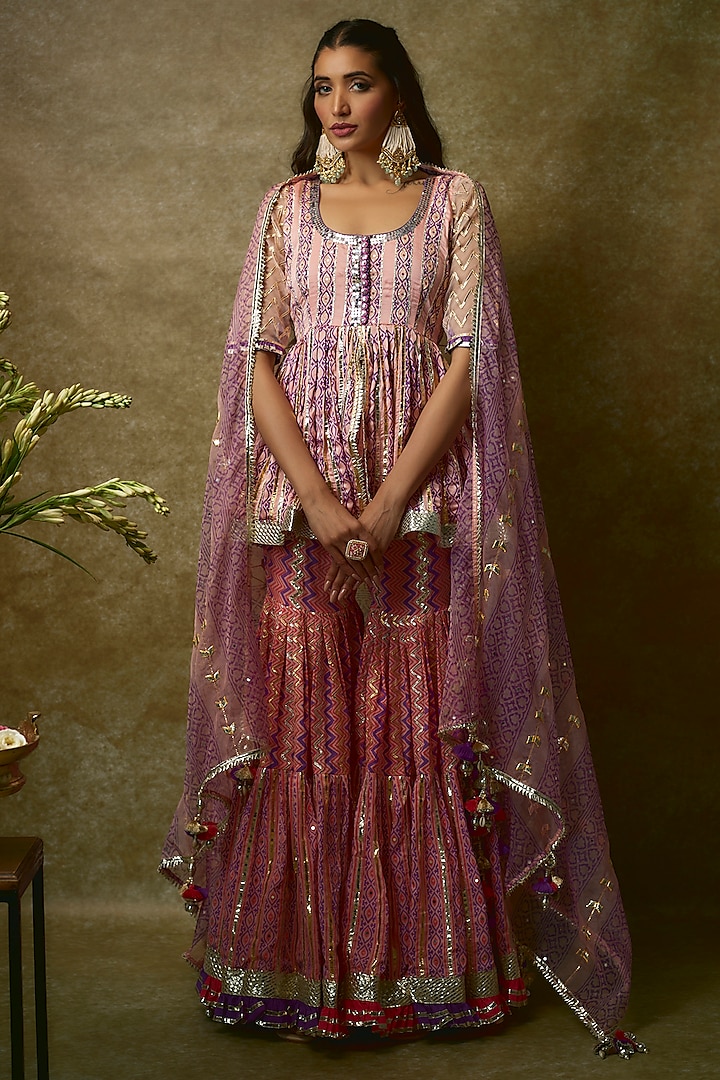 Blush Pink Silk Satin & Swiss Cotton Gharara Set by Maayera Jaipur