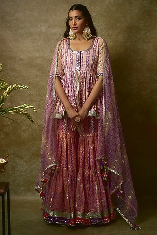 Blush Pink Silk Satin & Swiss Cotton Gharara Set by Maayera Jaipur