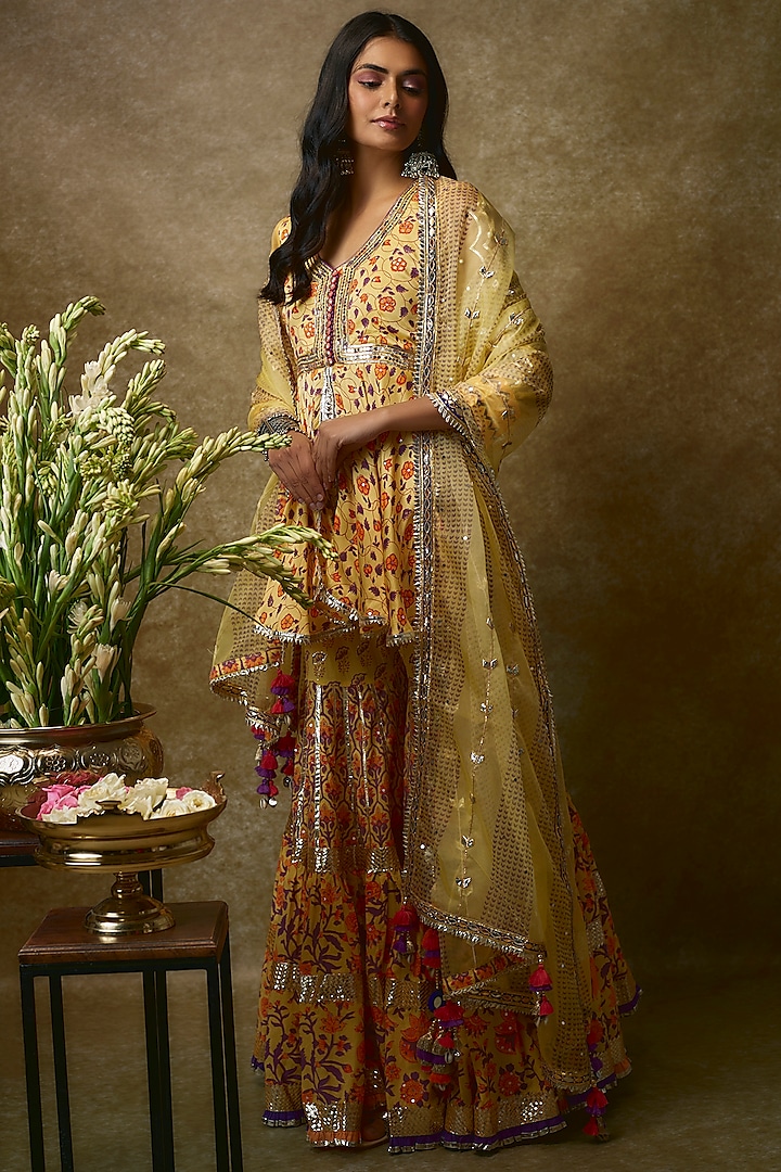 Yellow Silk Satin & Swiss Cotton Gharara Set by Maayera Jaipur